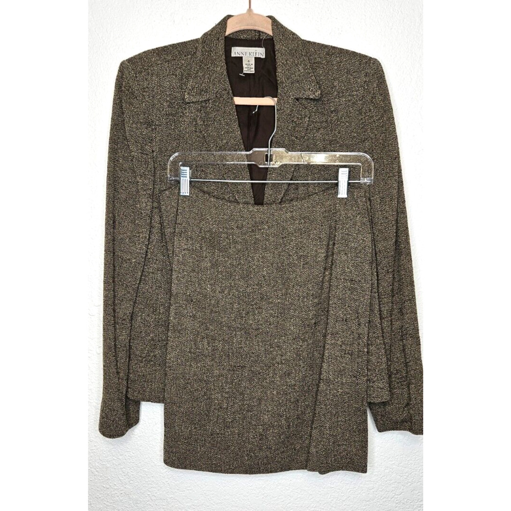 Vintage Anne Klein Skirt Suit Womens 6 Brown Tan Wool Tweed Blazer Set 90s‎ USA
